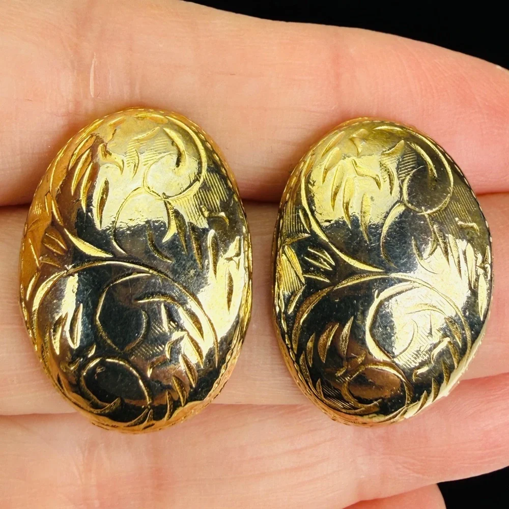 Vintage goldtone, etched puffed pierced earrings